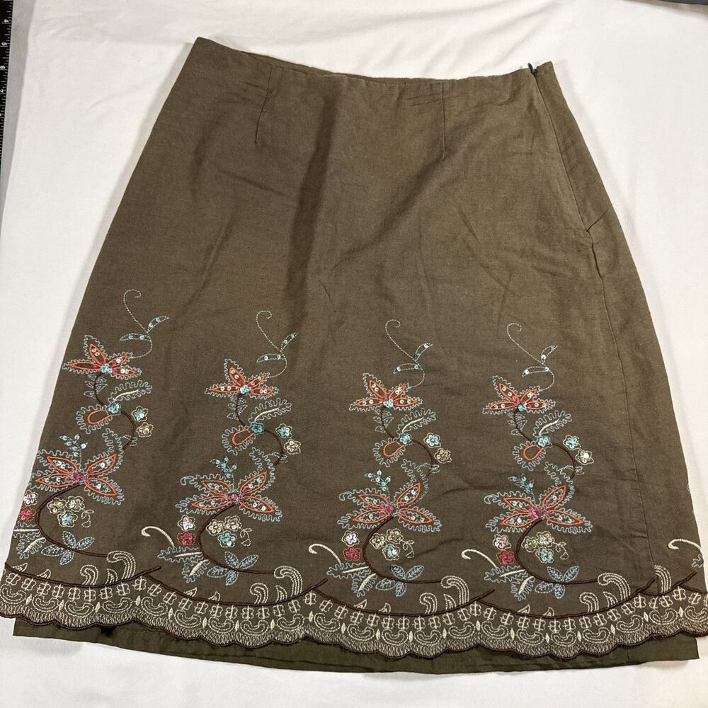 VTG Coldwater Creek Skirt 8 Brown Floral Embroidered 90s Y2k Boho Cottagecore